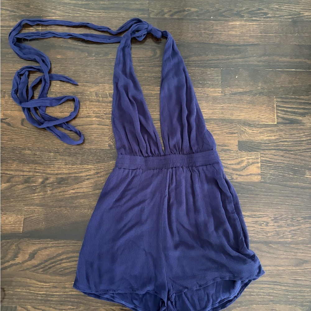 Lulu's Blue Halter Jumpsuit with Plunging V-Neckline
